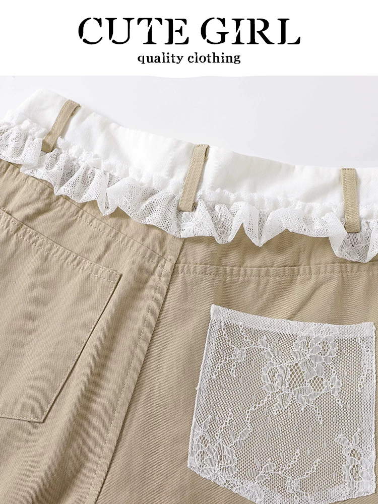 Quần kaki phối ren phong cách retro của CuteGirl dành cho nữ, quần ống rộng đa năng dáng rộng mùa xuân hè