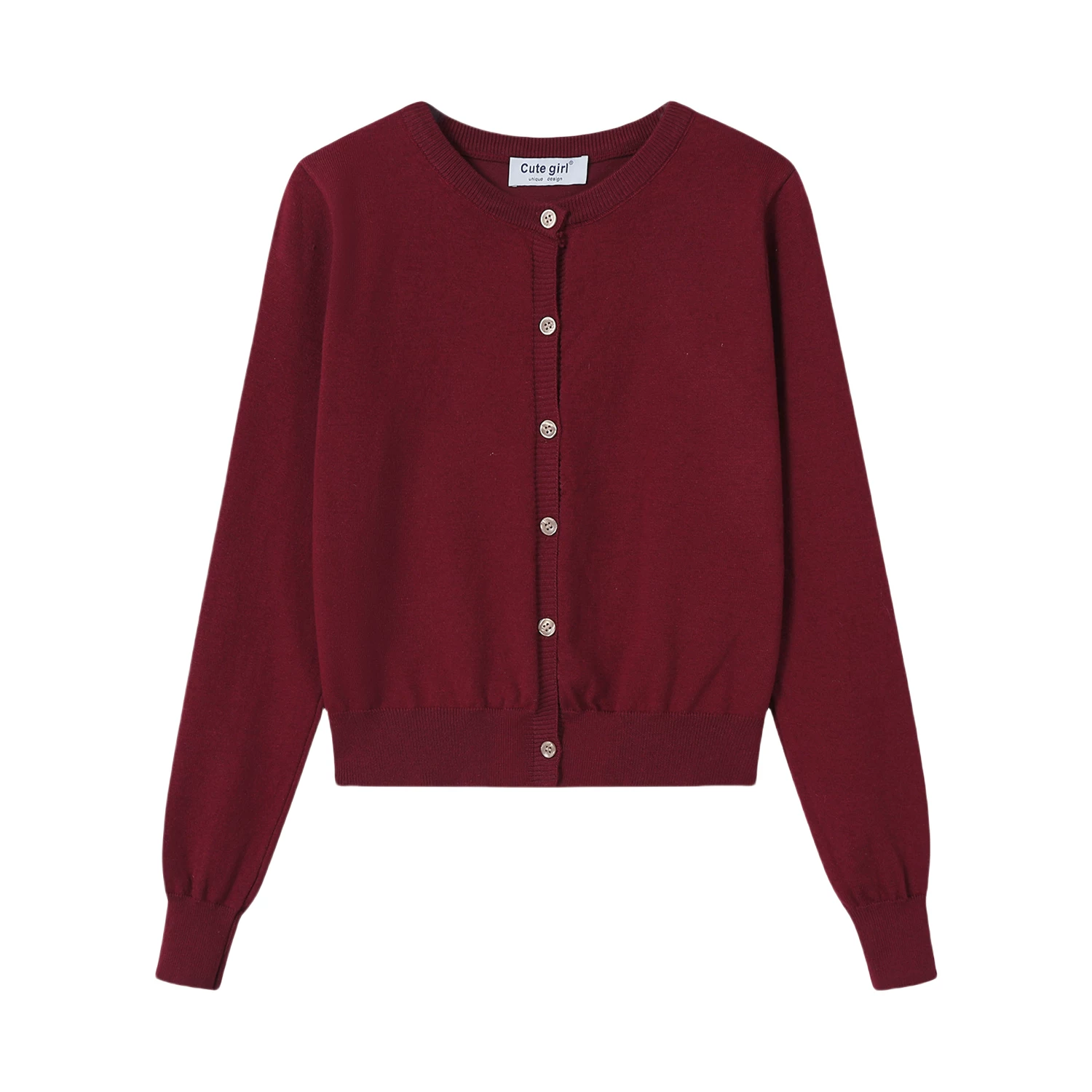 Áo cardigan dệt kim cổ tròn màu đỏ phong cách Hàn Quốc dành cho nữ, đầu thu, dáng nhỏ nhắn, áo khoác dáng rộng, áo dài tay đa năng