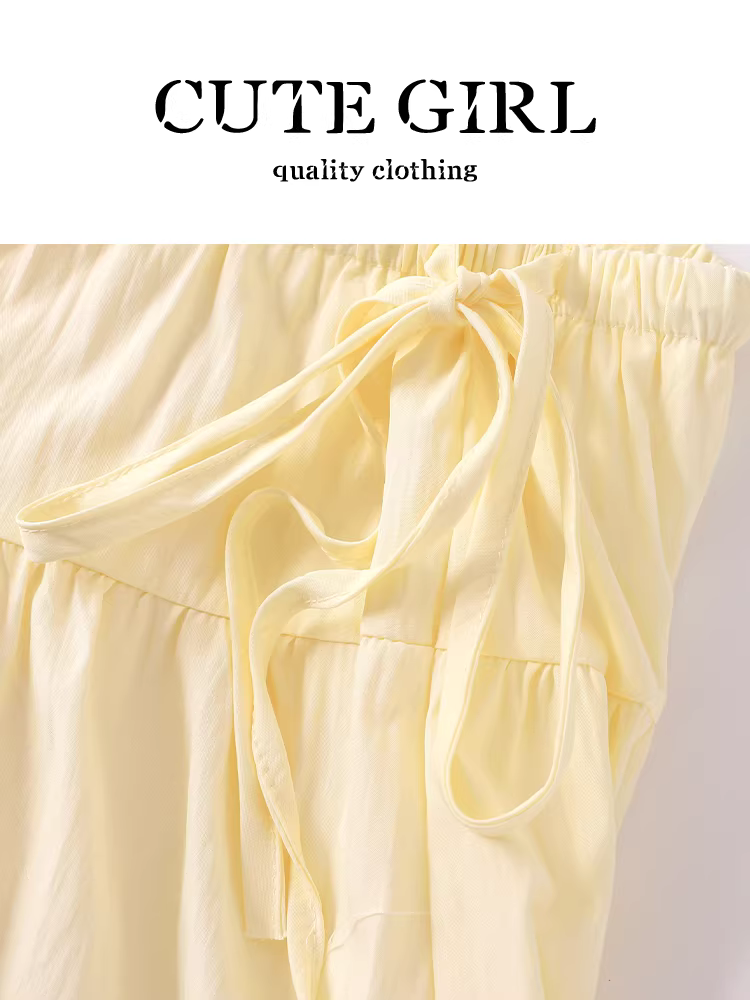 Váy dây rút màu vàng cao cấp phong cách Hàn Quốc dành cho nữ, váy chữ A dáng rộng lưng cao mùa hè