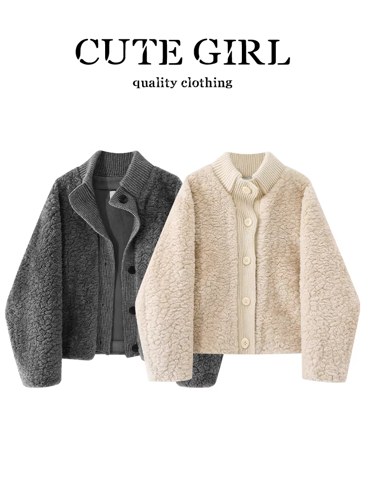 Áo khoác cổ đứng bằng len cừu màu mơ phong cách Hàn Quốc dành cho nữ, mùa thu đông, thanh lịch, dáng rộng, giản dị, đa năng, áo khoác ấm áp