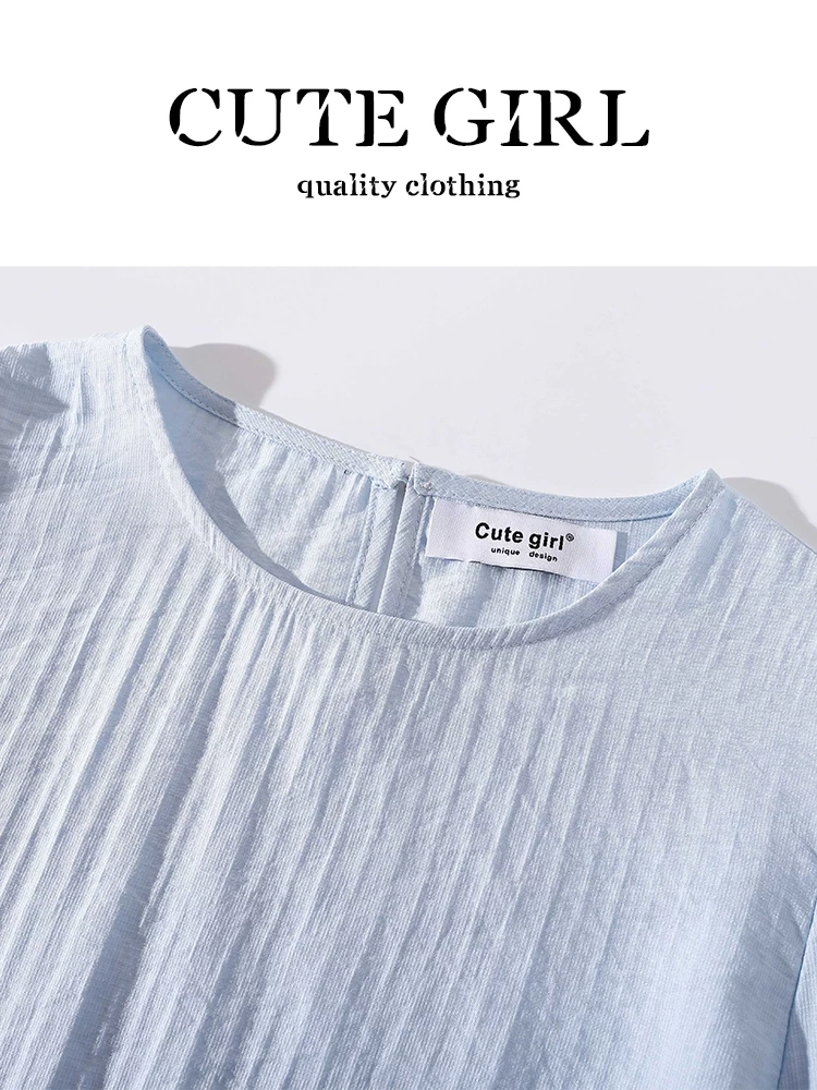 CuteGirl phong cách Hàn Quốc màu xanh dịu dàng tay phồng cổ tròn áo sơ mi nữ mùa xuân áo yếm jacquard bộ hai món
