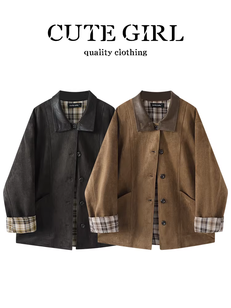 Áo khoác da lộn kẻ sọc có thể đảo ngược theo phong cách CuteGirl Barn dành cho nữ, áo khoác dáng rộng đa năng cao cấp mùa thu