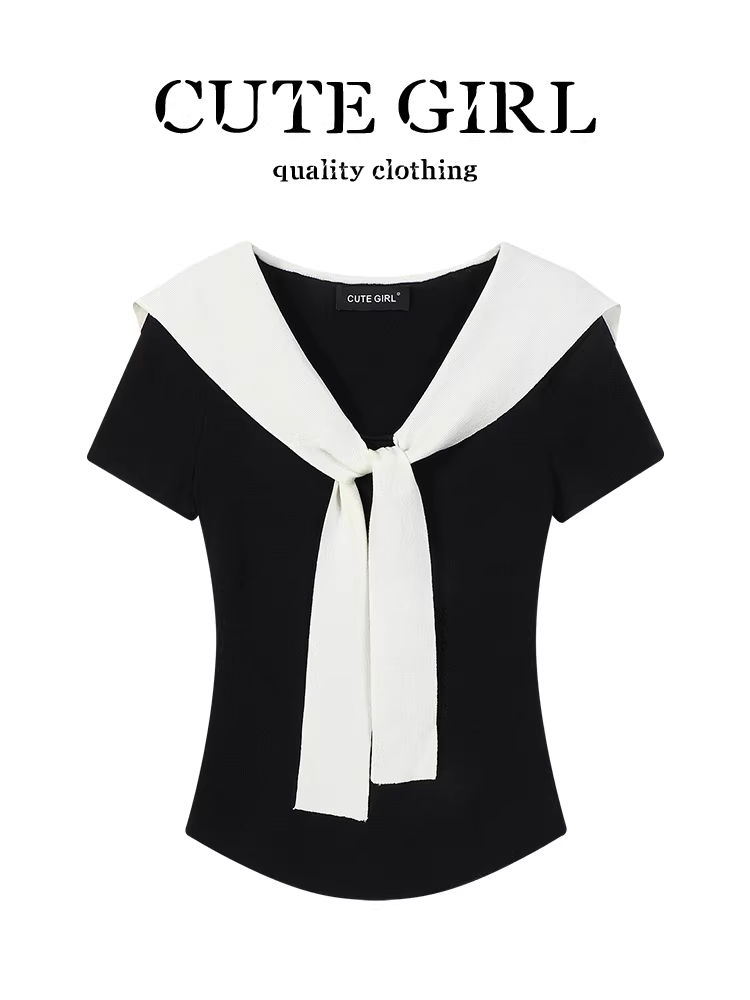 Áo thun ngắn tay khăn choàng màu đen phong cách Hàn Quốc CuteGir dành cho nữ, phong cách đại học mùa hè, dáng ôm, đa năng, áo giảm tuổi tác.