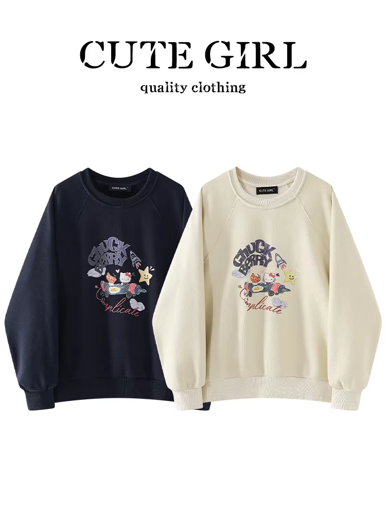 Áo len cổ tròn in hình hoạt hình nhỏ nhắn dễ thương dành cho nữ, mùa thu đông, áo cao cấp, đa năng, giảm tuổi tác