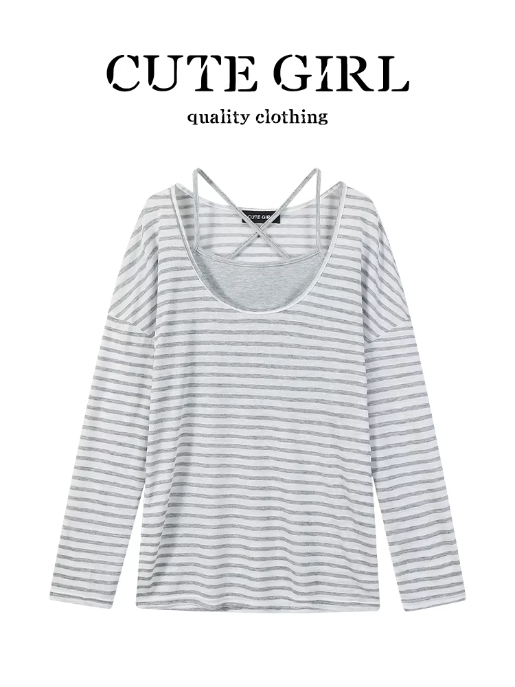 Áo thun dài tay sọc kiểu dáng thuần khiết của CuteGirl dành cho nữ, phong cách lười biếng mùa hè, dáng rộng, giản dị, đa năng, che nắng.