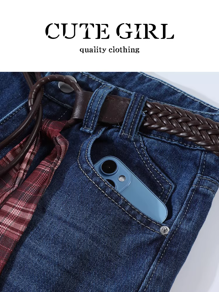 Quần jean ống loe có thắt lưng phong cách retro Hàn Quốc dành cho nữ, quần ống rộng đa năng cạp cao mùa thu