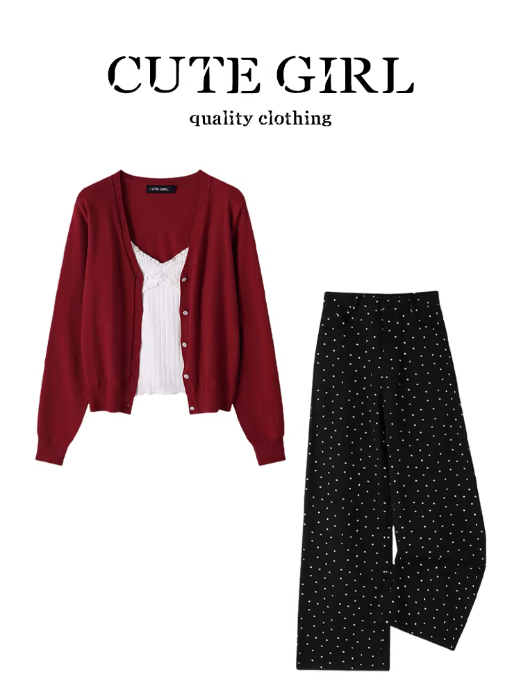 Bộ trang phục mùa xuân CuteGirl áo len dệt kim cổ chữ V màu đỏ áo yếm ren quần ống rộng chấm bi bộ ba món