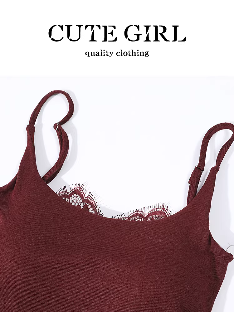 Áo camisole nữ mùa hè kiểu dáng gợi cảm, phối ren sau lưng, màu đỏ, ôm sát body, phong cách trẻ trung.