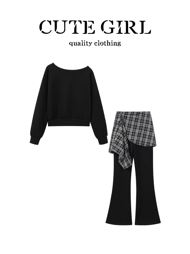 Trang phục phong cách thoải mái của CuteGirl: một bộ áo len nữ màu đen trễ vai mùa thu với quần ống loe có viền.