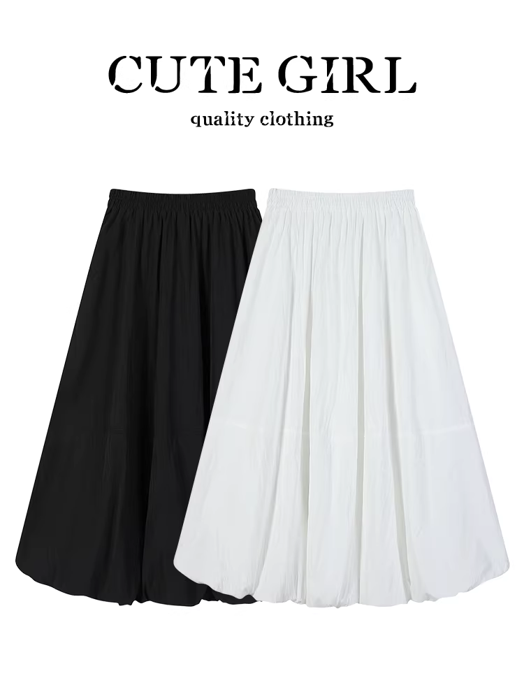 CuteGirl Phong cách Hàn Quốc váy thun lưng cao đơn giản có hoa màu trắng dành cho nữ mùa hè váy bồng bềnh chữ A che hông váy bồng bềnh