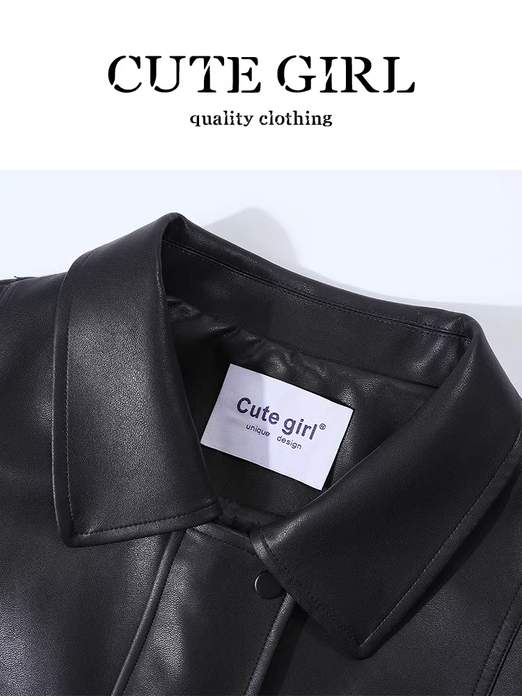 Áo khoác da pu màu đen cổ điển của CuteGirl dành cho nữ vào mùa thu đông, áo khoác đi xe máy cao cấp, rộng rãi, giản dị và đa năng