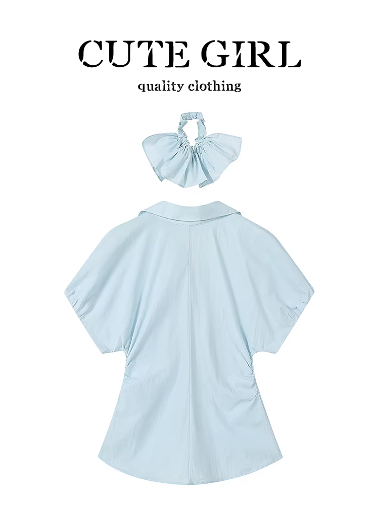 Áo sơ mi tay raglan cổ chữ V kiểu Pháp sang trọng dành cho nữ, áo mùa hè độc đáo và đẹp mắt với eo thon gọn.