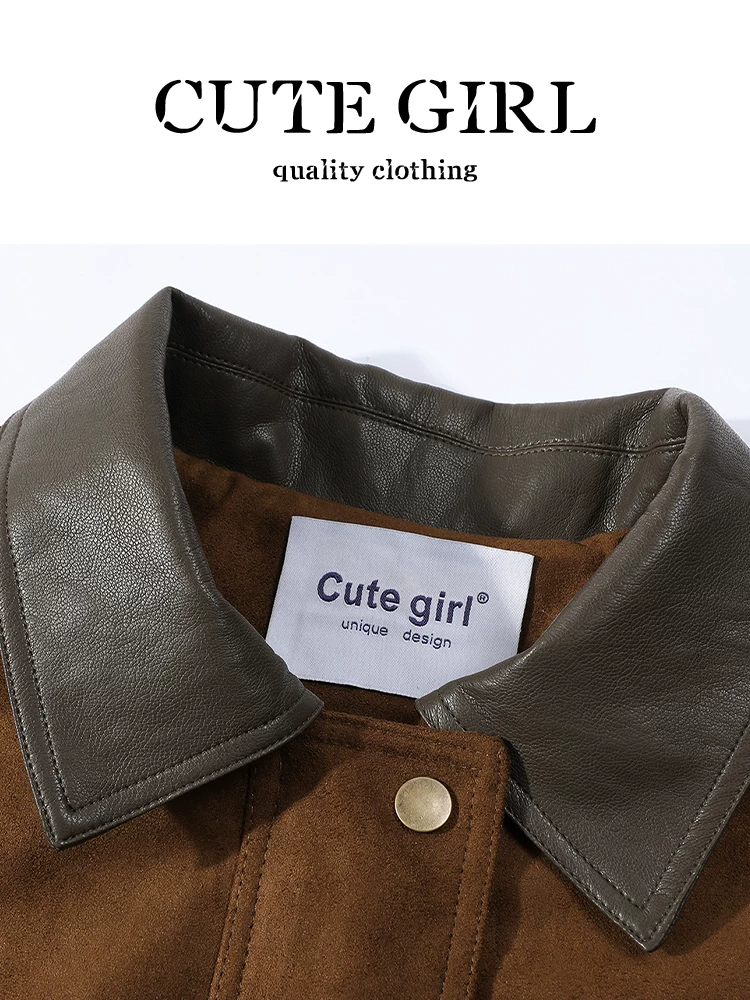 Áo khoác da lộn có cổ màu kaki phong cách CuteGirl Melard dành cho nữ, áo khoác dáng rộng đa năng cao cấp mùa thu