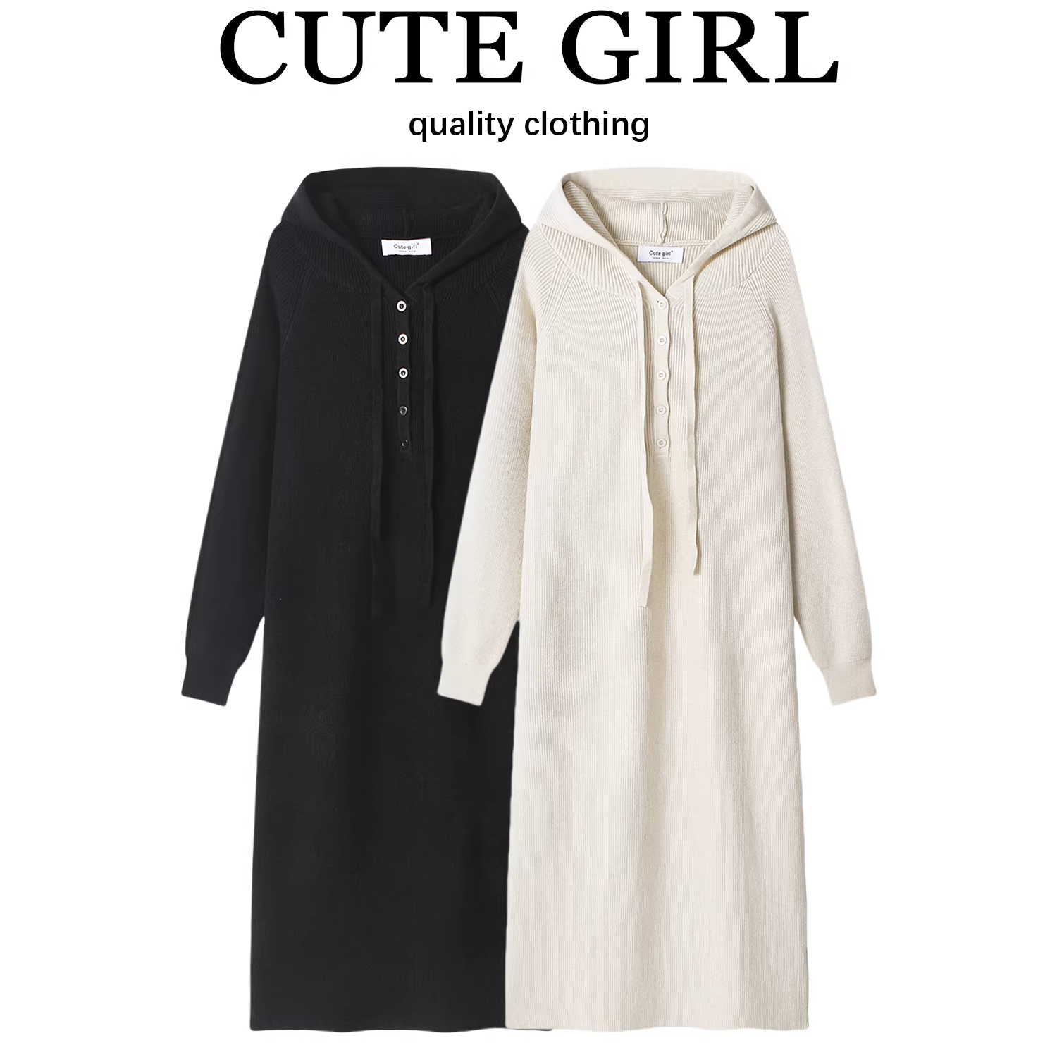 CuteGirl váy dệt kim có mũ trùm đầu có dây rút siêu đẹp dành cho nữ trong mùa thu đông, váy dài thẳng dáng rộng đơn giản