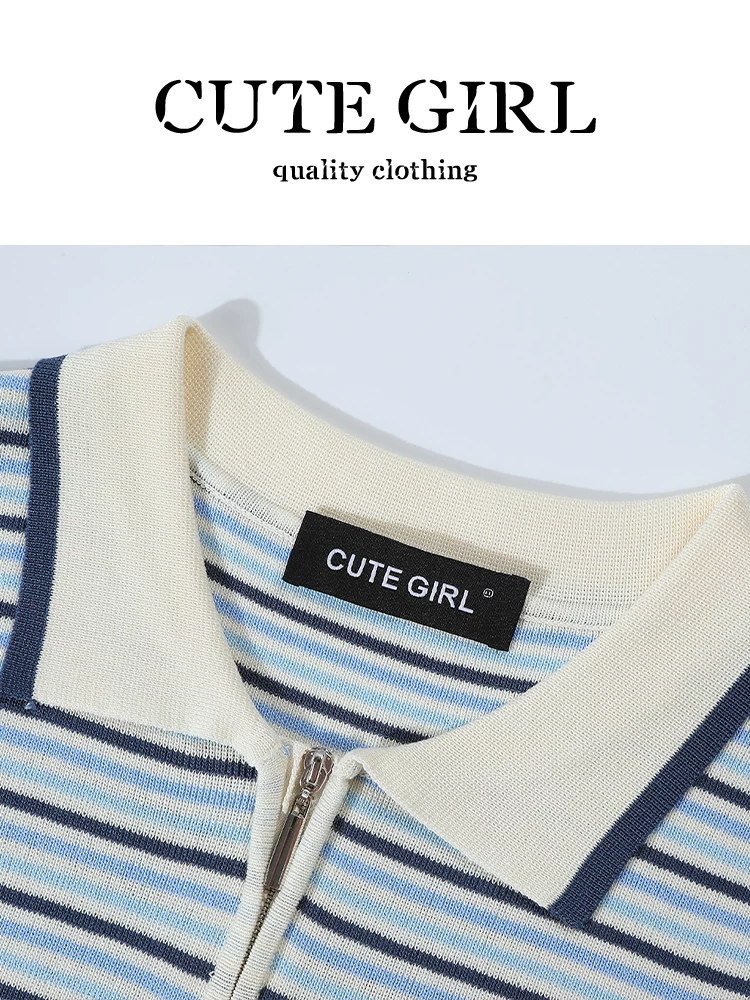 Áo vest không tay cổ polo sọc màu cổ điển của CuteGirl dành cho nữ, áo dệt kim ôm vừa vặn mùa hè