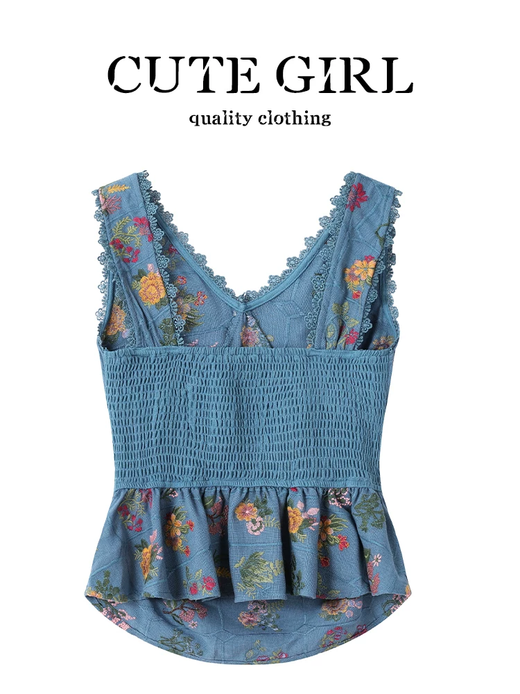 CuteGirl kiểu Pháp cổ điển thêu hoa đậm màu xanh cổ chữ V áo vest thiết kế mùa hè áo khoác ngoài có dây thắt lưng