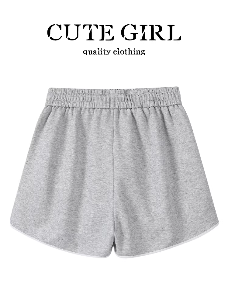 Quần short ren màu xám phong cách Hàn Quốc dành cho nữ, thiết kế mùa hè, quần short ống rộng cạp cao, thon gọn, đa năng