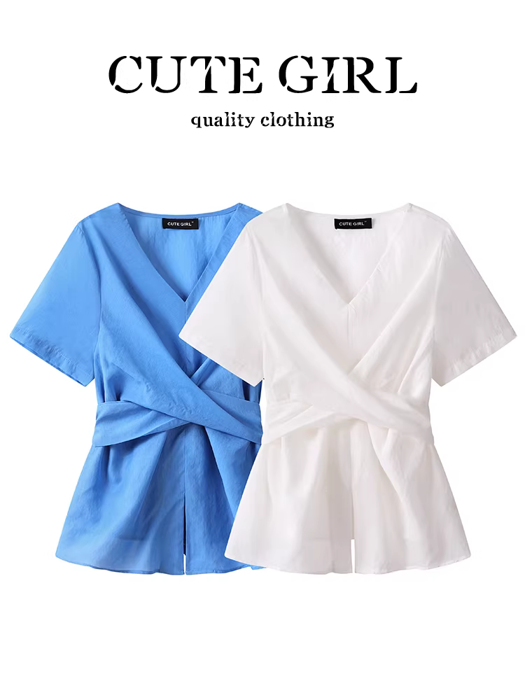 Áo sơ mi trắng cổ chữ V buộc chéo độc đáo và sành điệu của CuteGirl dành cho nữ, một chiếc áo ôm eo đẹp và đặc biệt dành cho mùa hè.