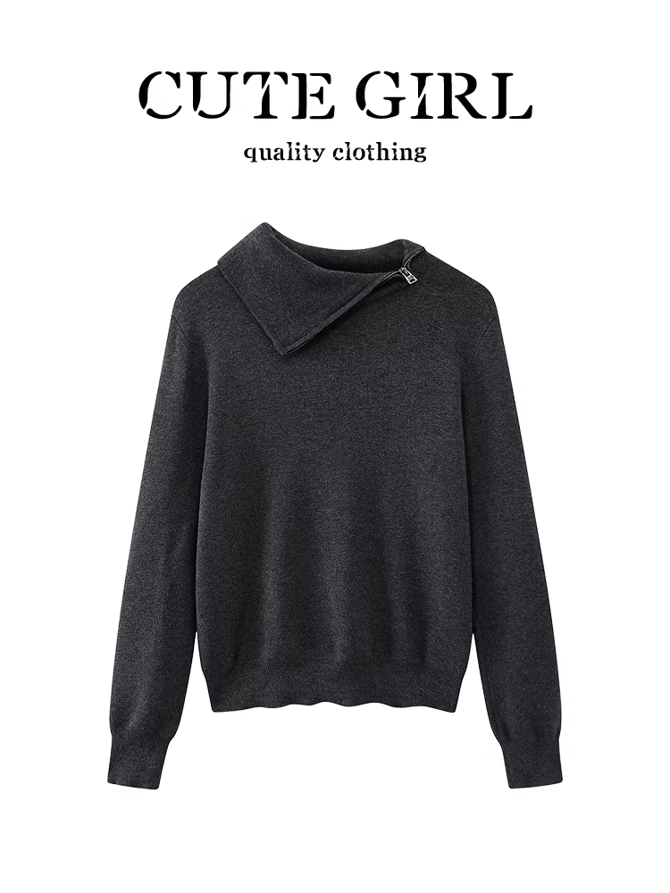 Áo len cổ điển màu xám đậm phong cách retro của CuteGirl dành cho nữ trong mùa thu đông, áo len dáng rộng, giản dị và đa năng