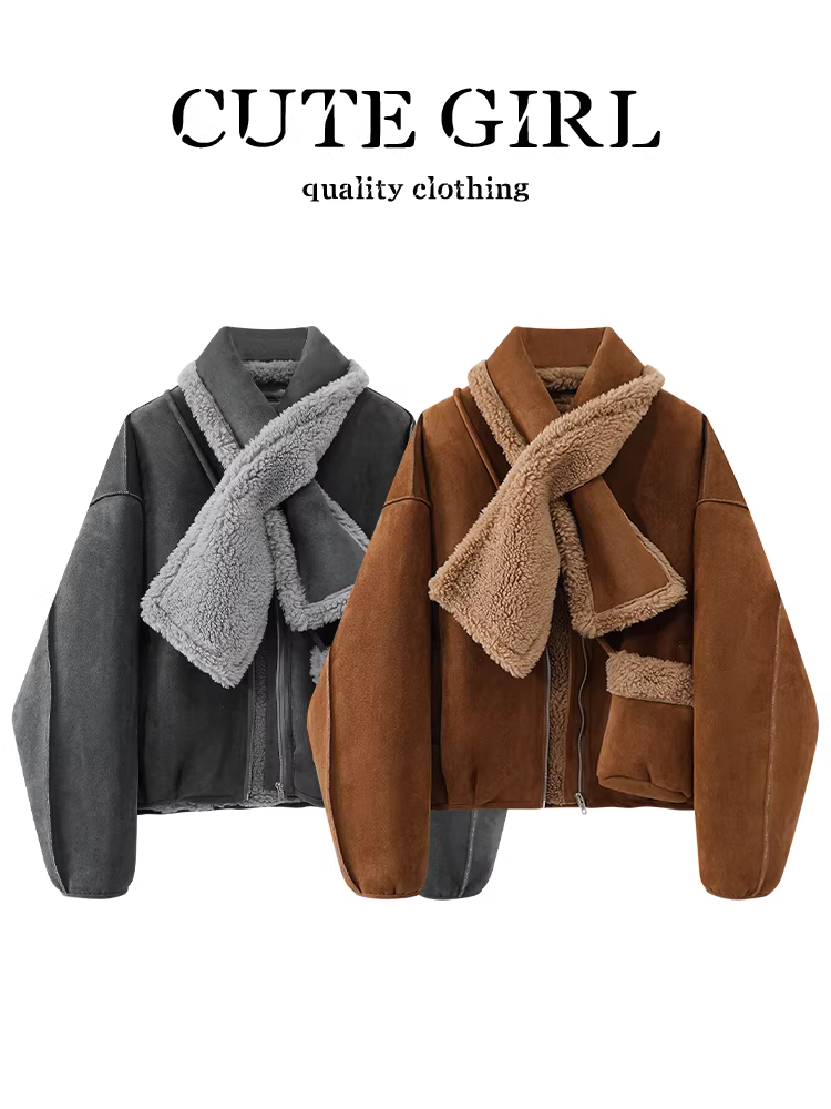 Áo khoác tích hợp lông cừu kiểu Barn của CuteGirl dành cho nữ, mùa thu đông, áo khoác dày dặn, rộng rãi, đa năng, cao cấp