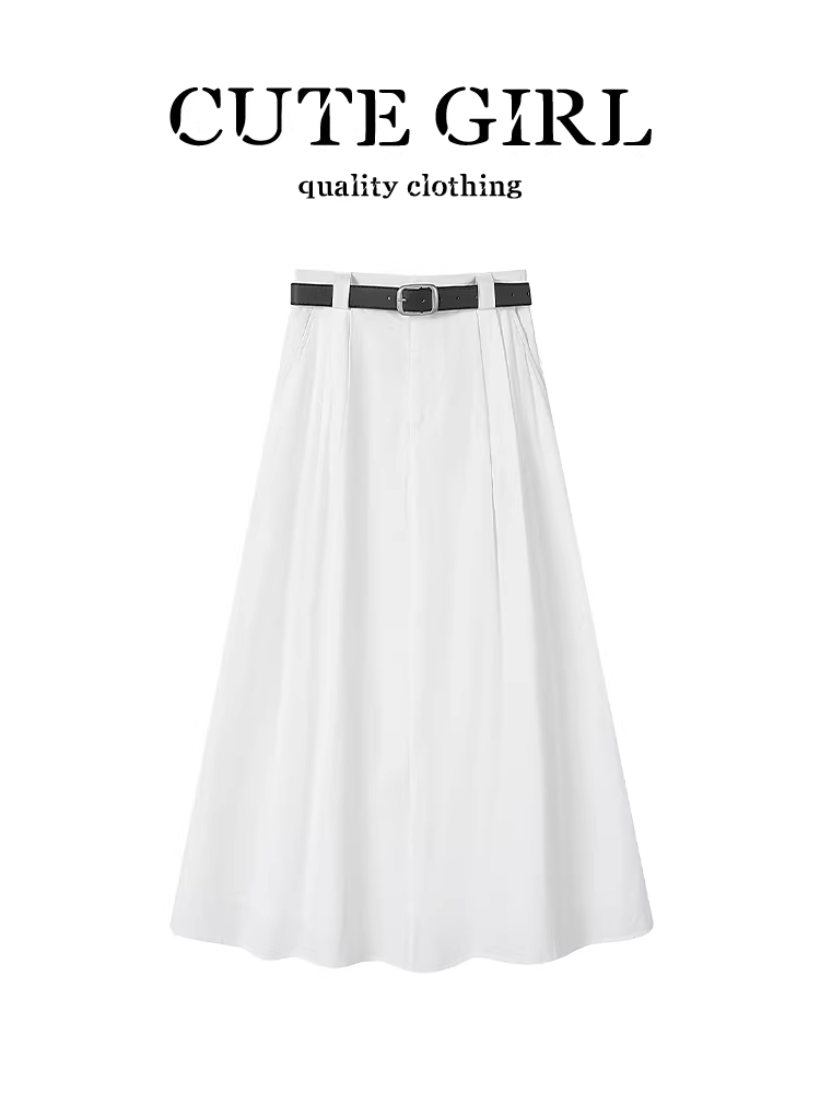 Váy eo thun màu trắng phong cách Hàn Quốc dành cho nữ, váy chữ A dáng suông đa năng, thanh lịch, eo cao, tôn dáng mùa thu