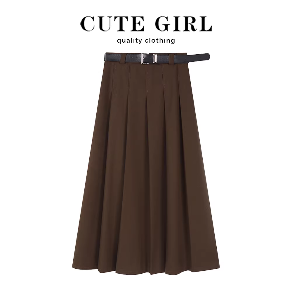 Váy chữ A dáng quả lê màu cà phê xếp ly nữ mùa thu đông 2025 kiểu retro mới dài trung bình