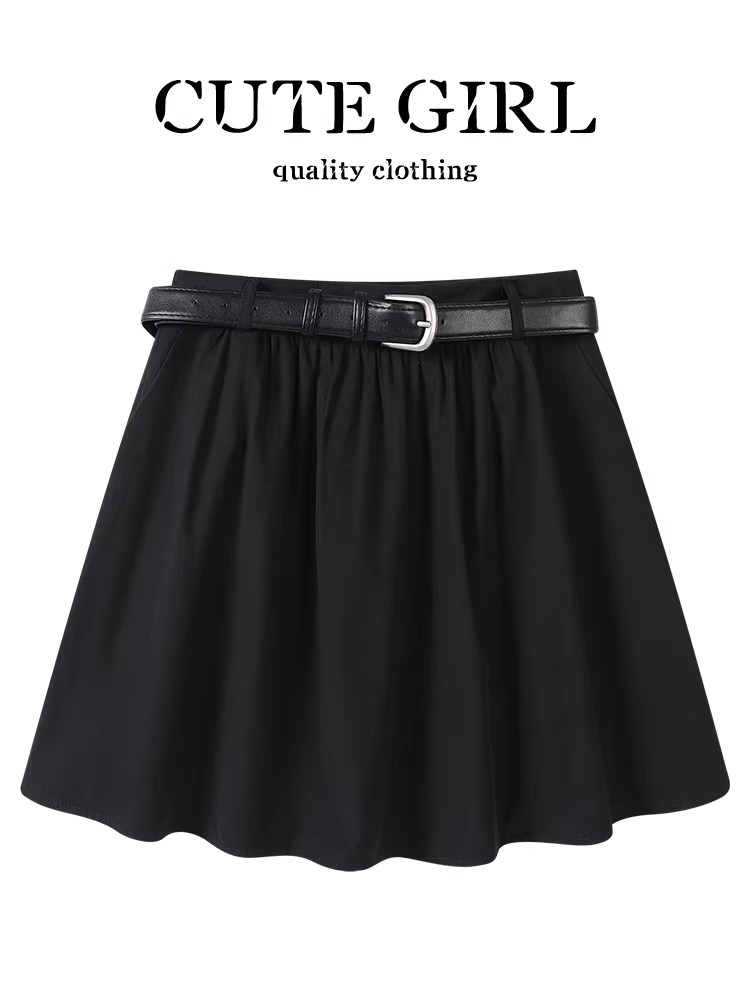 CuteGirl Váy chữ A thắt lưng đen phong cách Hàn Quốc dành cho nữ, váy ngắn đa năng giảm béo eo cao giảm tuổi mùa hè