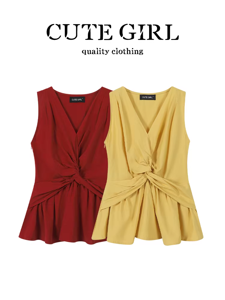 Áo ba lỗ không tay cổ chữ V cao cấp phong cách Pháp của CuteGirl dành cho nữ, thiết kế mùa hè với eo thon và tác dụng làm thon gọn.
