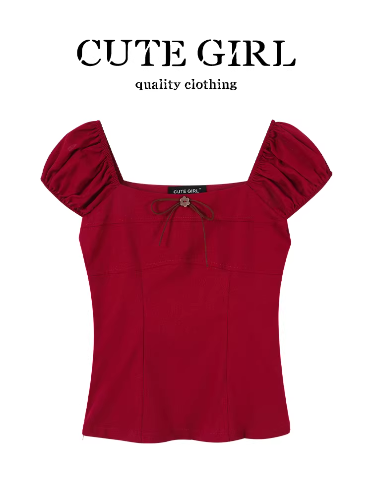 Áo sơ mi ngắn tay cổ vuông màu đỏ phong cách Hàn Quốc dễ thương dành cho nữ, áo ngắn tay ôm sát mùa hè