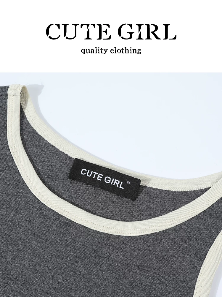 Bộ đồ mùa hè độc đáo và xinh đẹp của CuteGirl dành cho nữ, áo vest màu tương phản, váy dây lưng cao co giãn, bộ hai mảnh