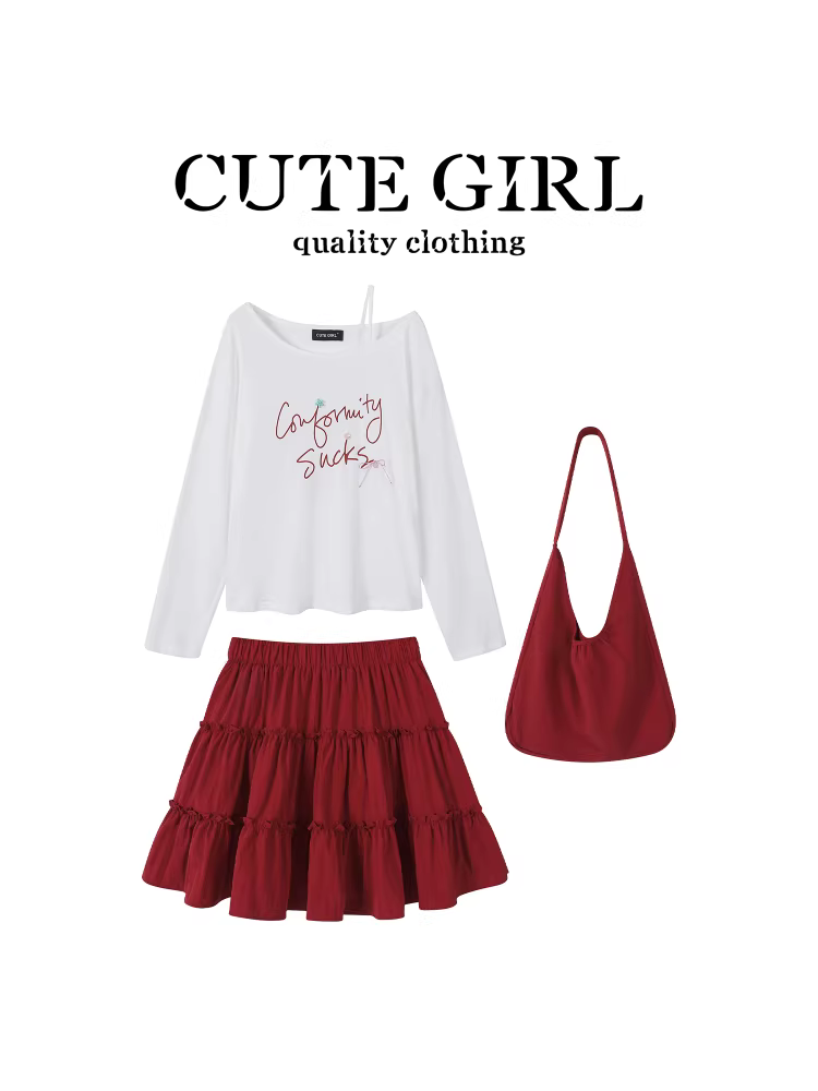 CuteGirl phong cách ngọt ngào và cay cay kiểu Hàn Quốc áo thun dài tay chống nắng in hình lệch vai dành cho nữ mùa hè váy bánh ngọt màu đỏ Bộ hai món
