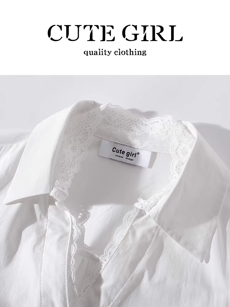 Áo sơ mi trắng cổ chữ V phối ren phong cách Hàn Quốc dễ thương dành cho nữ, áo kiểu dáng bất đối xứng mùa xuân giúp thon gọn eo