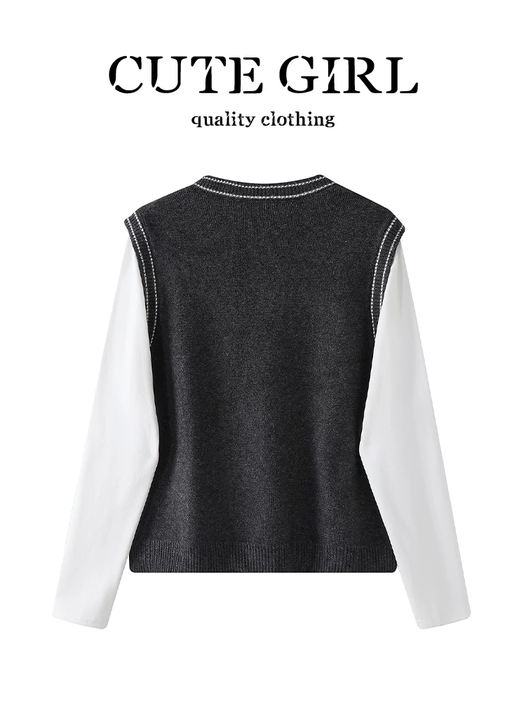 Bộ trang phục ootd mùa thu của CuteGirl Bộ hoàn chỉnh dành cho nữ mùa thu áo vest dệt kim màu xám đậm áo thun dài tay Bộ hai món