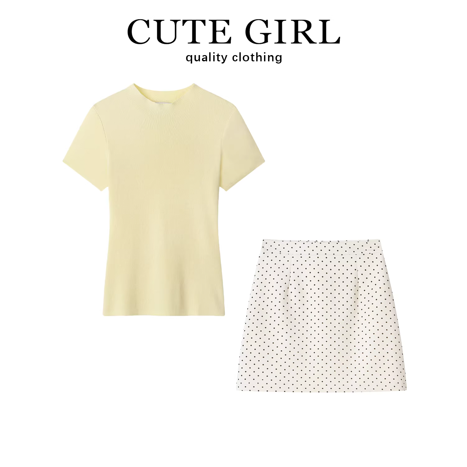 Áo thun ngắn tay dệt kim màu vàng phong cách Hàn Quốc dành cho nữ, bộ hai mảnh váy chữ A lưng cao chấm bi mùa hè mới