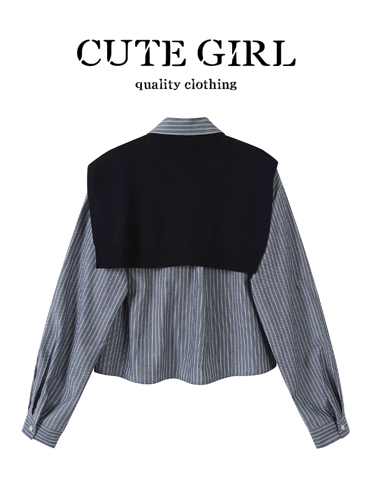Áo sơ mi dài tay cổ polo sọc cổ điển Hàn Quốc của CuteGirl dành cho nữ, phong cách mùa thu, dáng rộng và đa năng với khăn choàng.