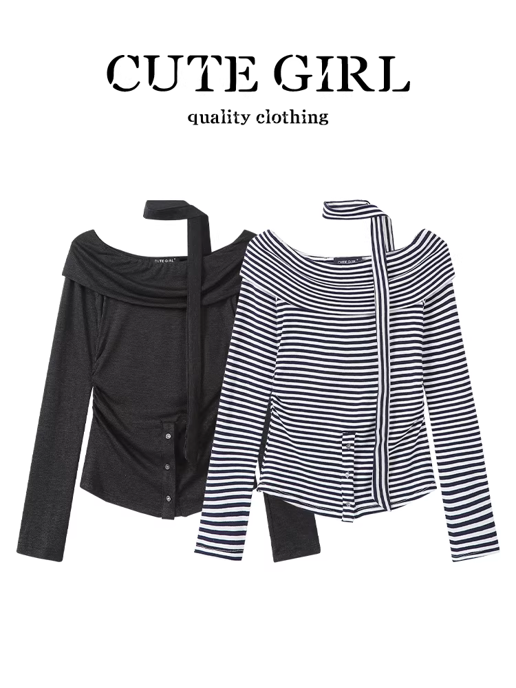 Áo thun dài tay lệch vai màu xám phong cách Pure Desire của CuteGirl dành cho nữ, thiết kế mùa thu, dáng ôm, áo đa năng