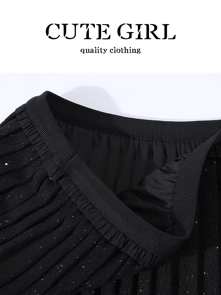Váy len sequin nhỏ nhắn màu đen dễ thương dành cho nữ, váy xếp ly eo cao thanh lịch mùa đông