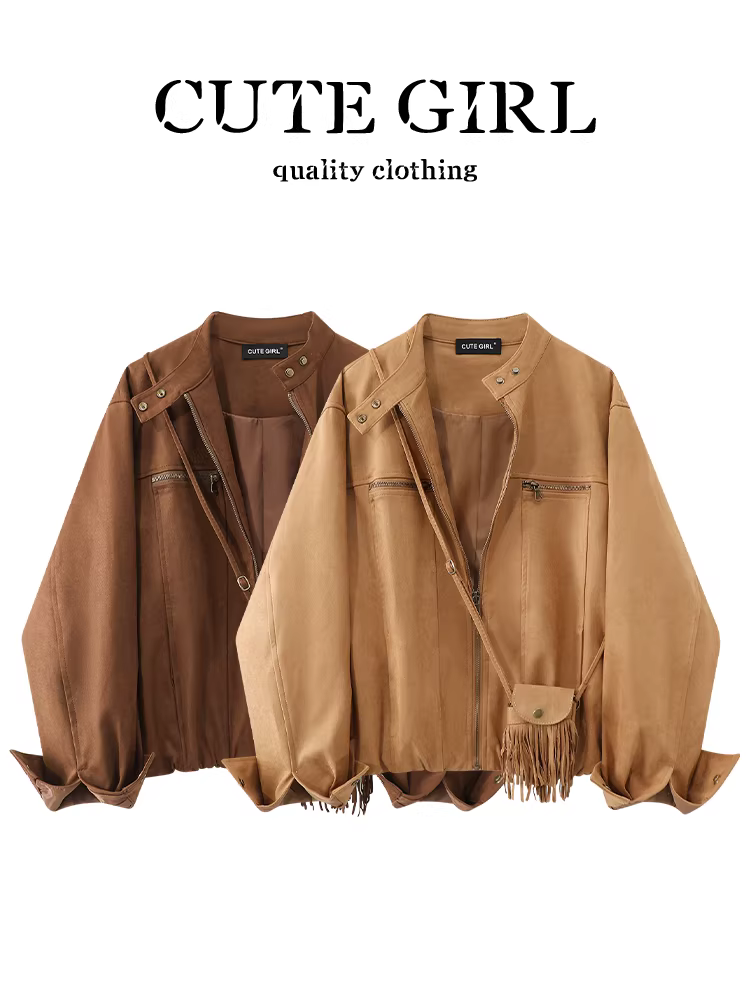 Áo khoác da lộn kaki phong cách Hàn Quốc có túi dành cho nữ, khí chất mùa thu, áo khoác dáng rộng đa năng