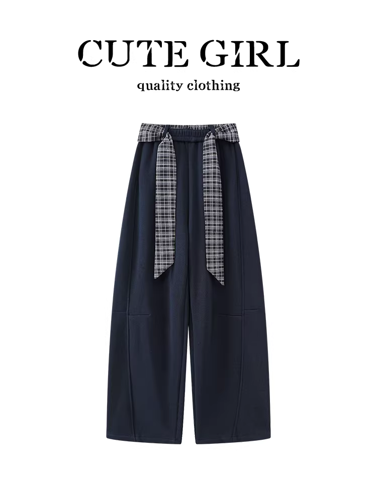 Quần ống rộng lưng thun màu xanh hải quân cổ điển của CuteGirl dành cho nữ trong mùa thu đông, quần thường ngày cạp cao thanh lịch giúp giảm béo