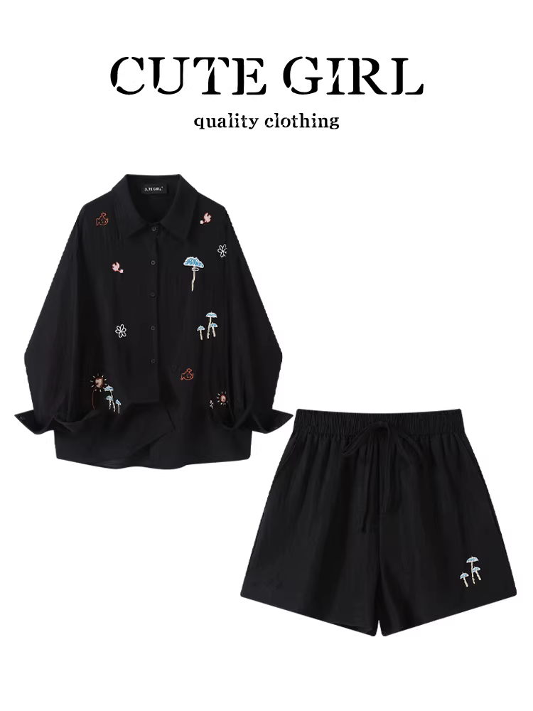 Trang phục giảm tuổi tác của CuteGirl, một bộ hoàn chỉnh gồm áo sơ mi thêu hoạt hình thường ngày mùa hè dành cho nữ, quần short ống rộng lưng cao, bộ hai mảnh