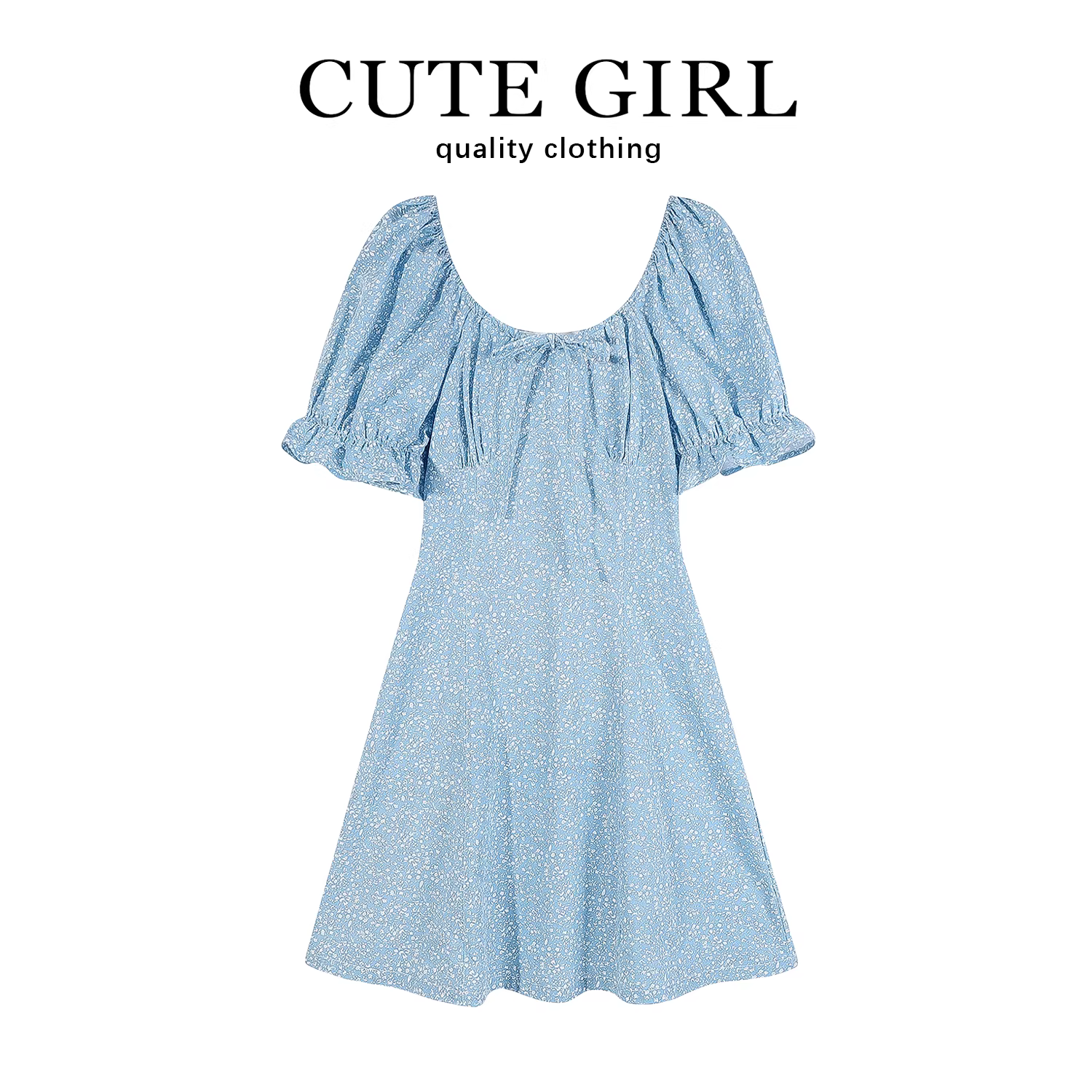 Váy hoa tay phồng màu xanh Pháp dễ thương dành cho nữ mùa hè 2025 kiểu dáng mới, dáng chữ A dài, size nhỏ