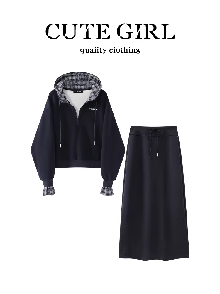 Bộ trang phục giảm tuổi tác CuteGirl dành cho nữ mùa thu đông, áo nỉ có mũ trùm đầu màu xanh hải quân và bộ váy chữ A