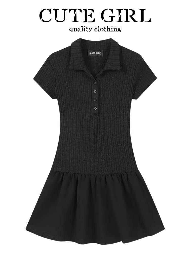 CuteGirl phong cách Hàn Quốc preppy trẻ trung váy dệt kim chắp vá eo thon gọn mùa hè dành cho nữ cổ polo váy ngắn giảm béo