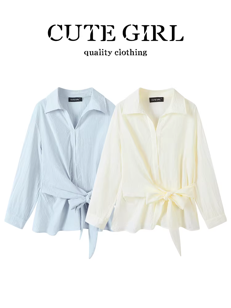 Áo sơ mi dài tay kiểu Pháp có dây buộc bên hông dành cho nữ, thiết kế đầu thu, áo thon eo, giảm béo và trẻ hóa