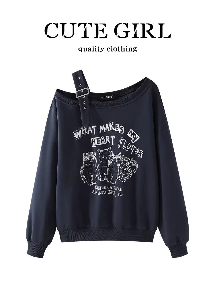 Áo len trễ vai in họa tiết màu xanh lấy cảm hứng từ thiết kế CuteGirl dành cho nữ, áo kiểu dáng rộng, giản dị, đa năng, độc đáo, cao cấp mùa thu