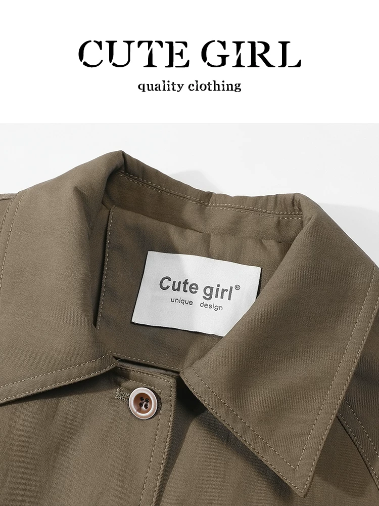 Áo khoác có mũ trùm đầu kẻ sọc màu nâu cổ điển của CuteGirl dành cho nữ, phong cách mùa thu, áo khoác dáng rộng, giản dị và đa năng