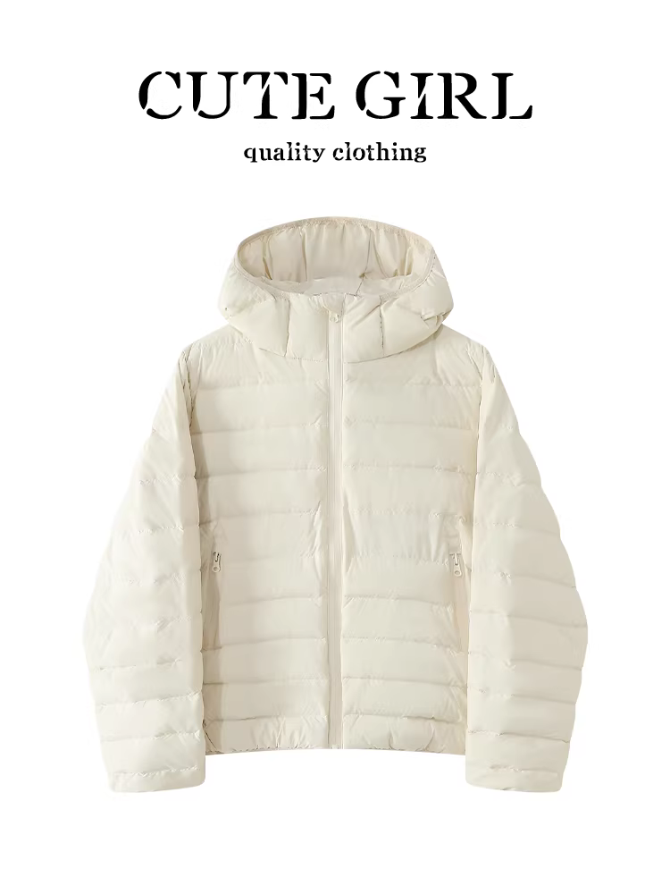 Áo khoác có mũ trùm đầu có gân nhẹ dễ thương dành cho nữ, áo khoác ấm áp màu trắng đa năng phong cách Hàn Quốc mùa đông