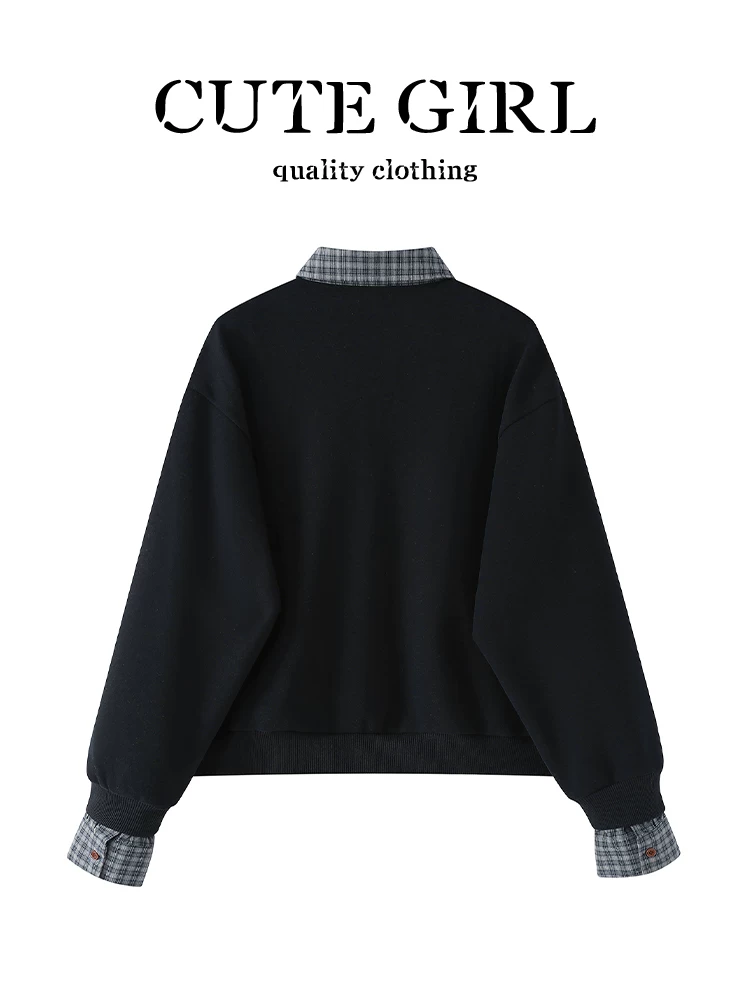 Áo len giả hai mảnh có cổ màu xanh hải quân phong cách preppy của CuteGirl dành cho nữ, mùa thu đông, thanh lịch, rộng rãi, giản dị, đa năng