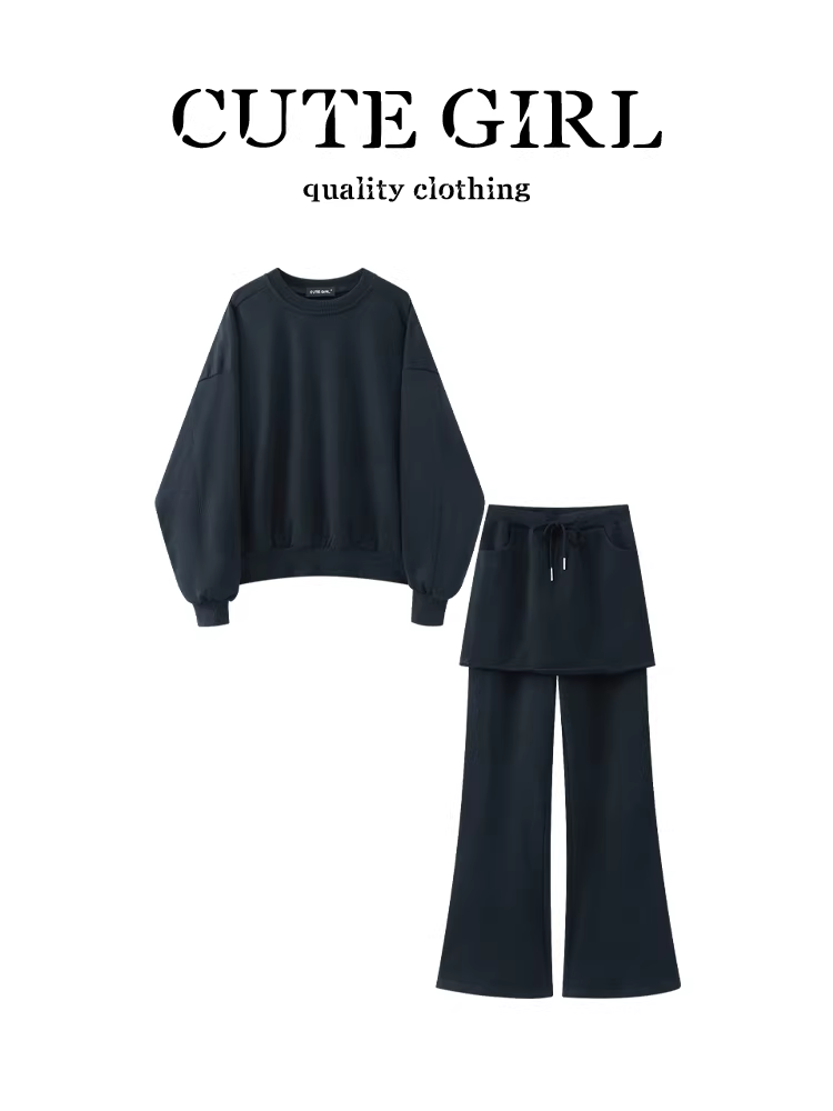 Bộ trang phục mùa thu của CuteGirl: áo len màu xanh hải quân với quần có dây rút, bộ đồ hai mảnh giản dị giúp bạn trông trẻ trung hơn.