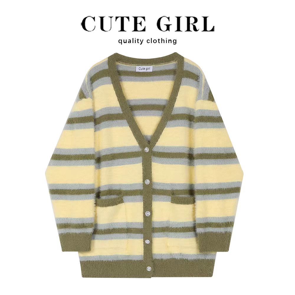 Áo len sọc mohair dáng rộng CuteGirl dành cho nữ mùa xuân thu 2024 kiểu mới phong cách preppy áo cardigan dệt kim